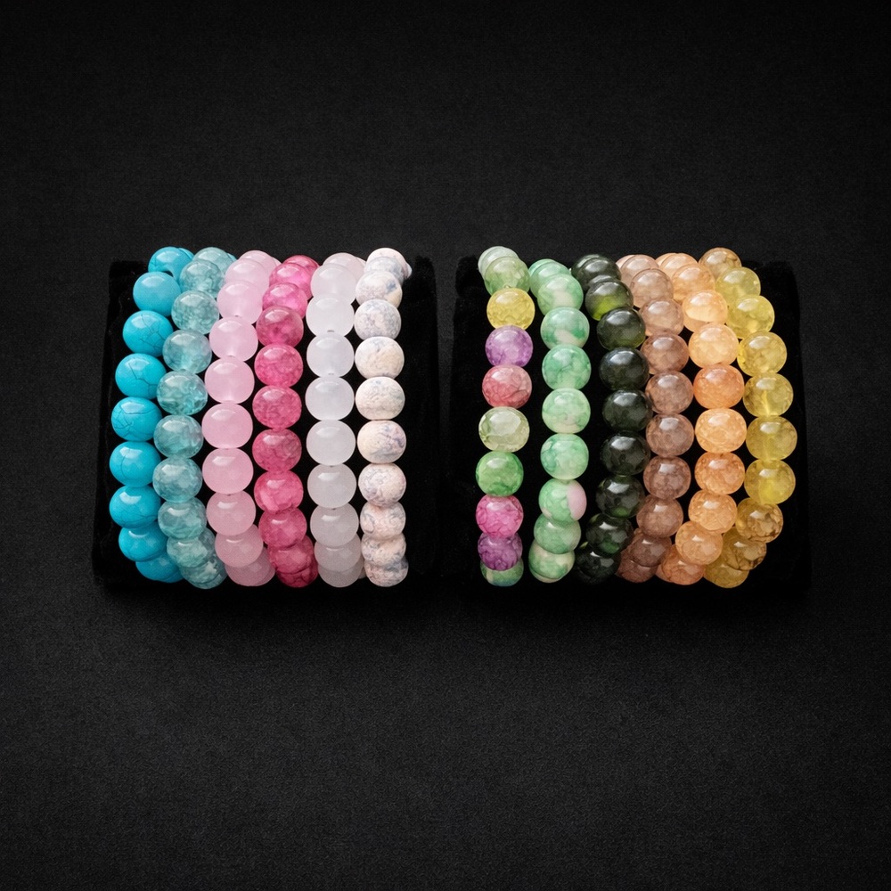 Set of 12 Stretch Glass Bead Bracelets Colorful Stack ~7–7.5” New